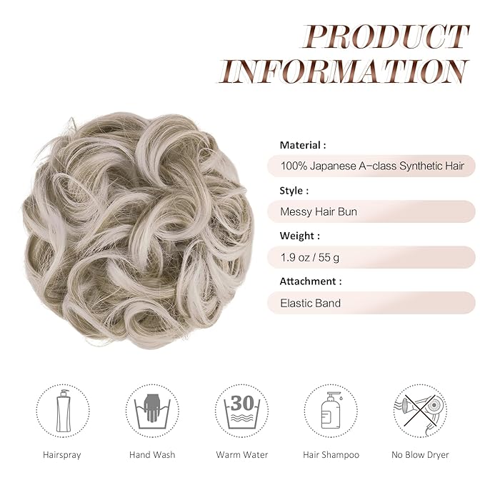 FESHFEN Large Messy Bun Hair Piece - Wavy Synthetic Chignon Scrunchies Elastic Ponytail Hair Extensions Thick Hairpieces for Women, Silver Blonde 1.94oz