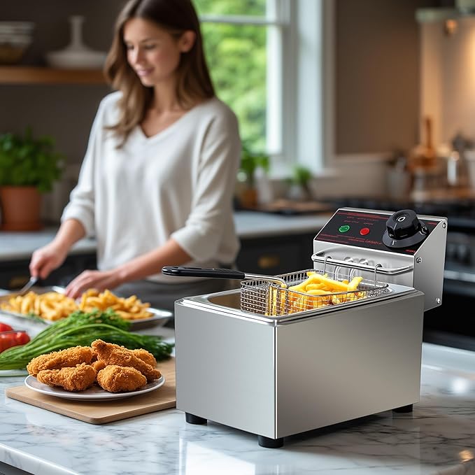 Deep Fryer Stainless Steel - Commercial Style Electric Fryer with Adjustable Thermostat, Rapid Heating & Oil Filtration Basket - Safe for Home Kitchen (Chips/Chicken/Donuts), 6L