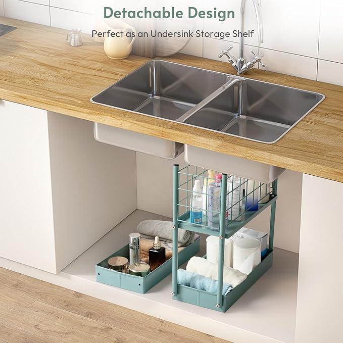 danpinera Rolling Utility Cart with Wheels, 4 Tier 7.7'' Metal Rolling Narrow Storage Cart with Hooks and Hanging Cups on Wheels for Bathroom, Kitchen, Office and Small Spaces, Green