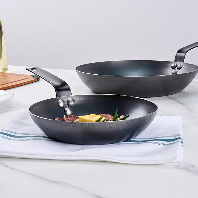 Restaurantware-Met Lux 8 Inch Fry Pan, 1 Lightweight Frying Pan - Induction-Ready, Triple-Riveted, Black Carbon Steel Cooking Skillet, Durable, For Searing, Sauteing, And Browning Food