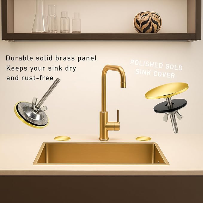 2 Pcs Solid Brass Kitchen Sink Hole Cover, 2 Inch Faucet Hole Cover, Polished Gold Finish Tap Hole Plate Stopper Cover, Countertop Hole Cover for Kitchen and Bathroom Sinks (Polished Gold)