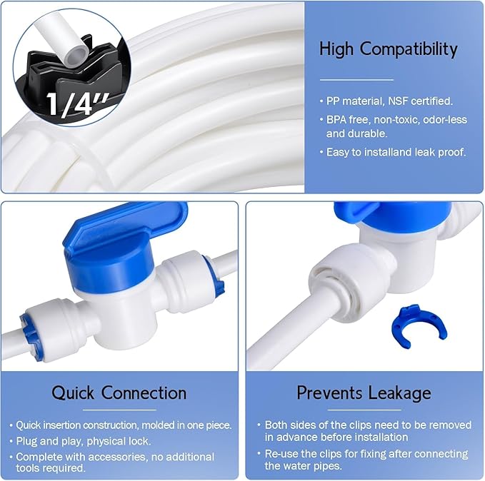32.8ft Refrigerator Water Line Kit - Fridge Ice Maker Water Line Kit, 1/4" OD Tubing Water Line Kit with Quick Connect Fitting for Fridge Ice Maker Reverse Osmosis RO System Water Filter