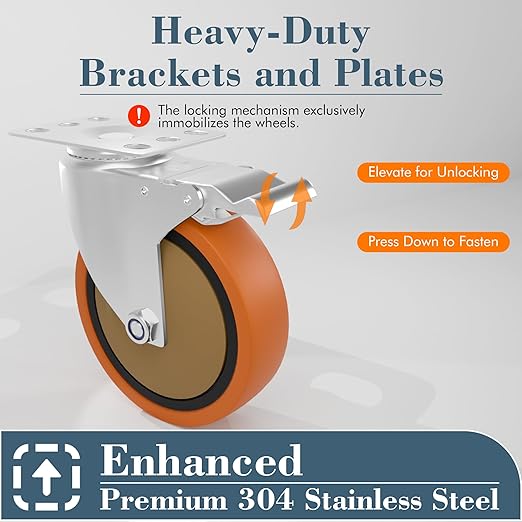 5 Inch 304 Stainless Steel Casters with Brake, Set of 2, Heavy Duty Swivel Wheels for Commercial Kitchen, Food Processing, Hospital, Lab, Utility Carts