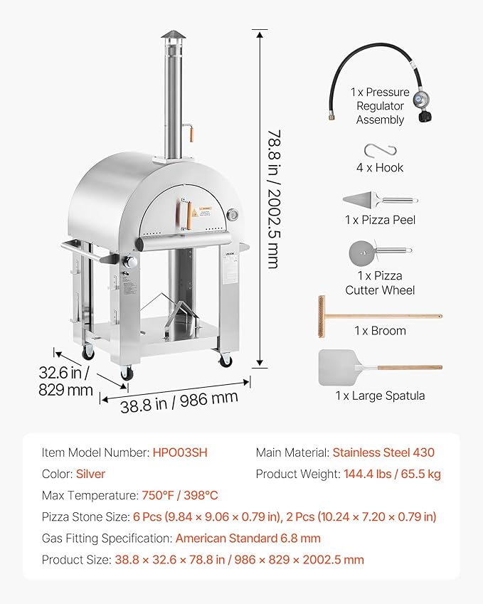 VEVOR Dual Fuel Giant Pizza Oven Outdoor, 26" Artisan Large Pizza Ovens, Pellet & Propane Gas Kiln Pizza Maker with Wheels, Pizza Stone, Multi Fuel Cooker for Camping & Backyard