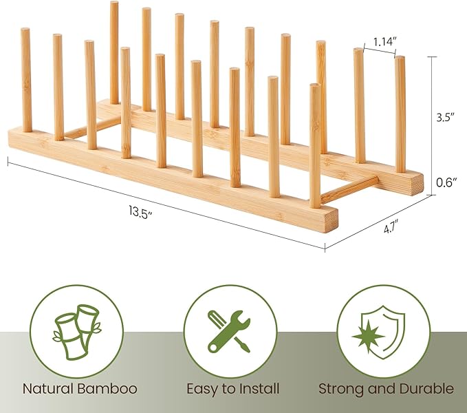 4 Pack Bamboo Wooden Dish Rack-Plate Pot Lid Cutting Board Organizer Holder Rack for Cabinet-Kitchen Cabinet Organizer for Dish, Pots, Lids, Bowls, Bottles, Books, and Puzzle