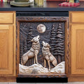 Wolves Howling at Moon Magnetic Dishwasher Cover Vinyl Sticker,Forest Scene with Pine Trees Dishwasher Magnet Cover, Wood Fridge Door Cover Magnets Art Skin Panel Decal for Home Decor, 23"X26"