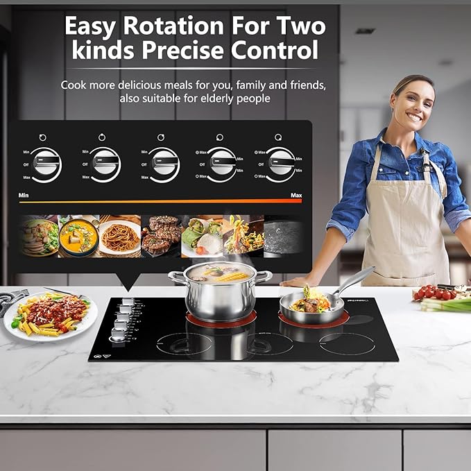 AMZCHEF 8900W Electric Cooktop 36 Inch, Built-in Electric Cooktop 5 Burner Stove Top, 36" Radiant Stovetop with Knob Control, 220-240V for Hard Wire