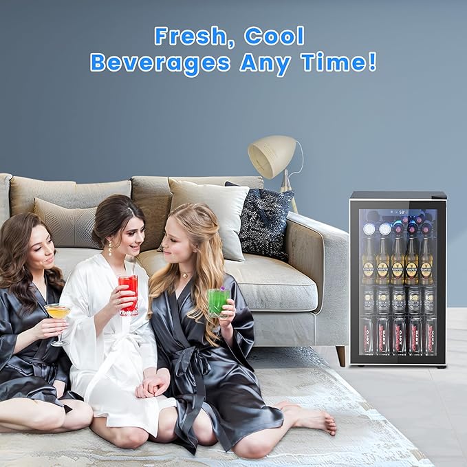 26 Bottle Wine Cooler 130 Can Beverage Refrigerator, Small Freestanding Cabinet Wine Cellar with 32℉-61℉ Temperature Control Glass Door, Black