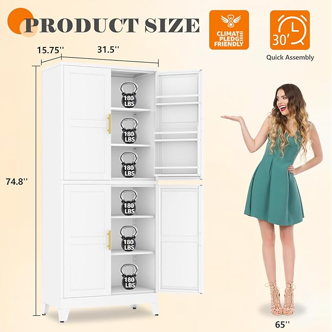 74.8" Tall Metal Food Cabinet, White Kitchen Pantry Cabinet, Storage Cabinets with 4 Door and 4 Adjustable Shelves, Steel Freestanding Cupboard for Kitchen Dining Room Living Room Bathroom