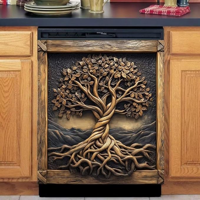 Vintage Wooden Tree of Life Magnetic Dishwasher Cover Vinyl Sticker, Farm Tree Dishwasher Magnet Cover,Rustic Fridge Barn Wood Door Cover Magnets Art Skin Panel Decal for Home Decor, 23"X26"