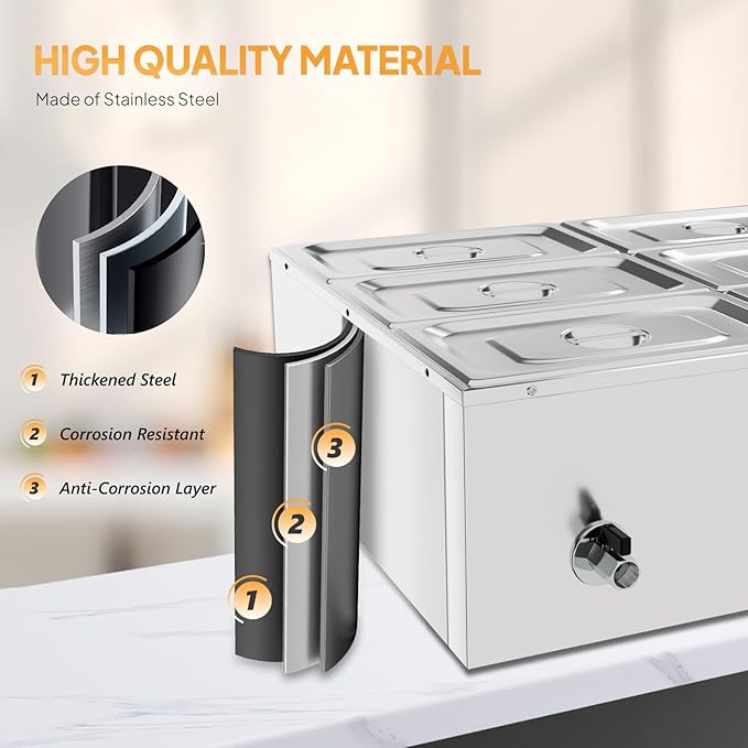 ROVSUN 42.3QT 1200W Electric Commercial Food Warmer, 6-Pan Steam Table 6.9 QT/Pan Stainless Steel Bain Marie Buffet Countertop with Temperature Control & Lid for Parties, Catering, Restaurants 110V