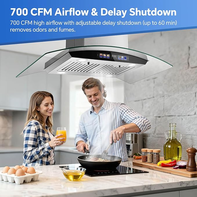 Island Range Hood 36 Inch 700 CFM, Ceiling Mount Kitchen Exhaust Hood with Gesture Sensing & Color Touch Control, Tempered Glass, 3 Speed Vent Fan, 4 LED Lights, Permanent Baffle Filters