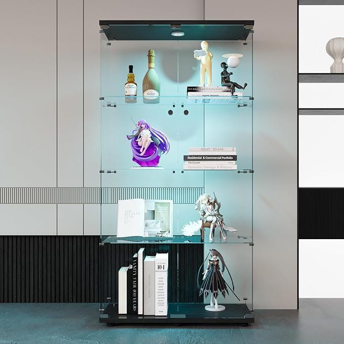 64.5" H 4-Shelf LED Lights Glass Display Cabinet with Double Door,Modern Curio Cabinet Collection Display Case,Floor Standing Bookshelf Glass Case with Lock for Living Room,Home Office (Black)