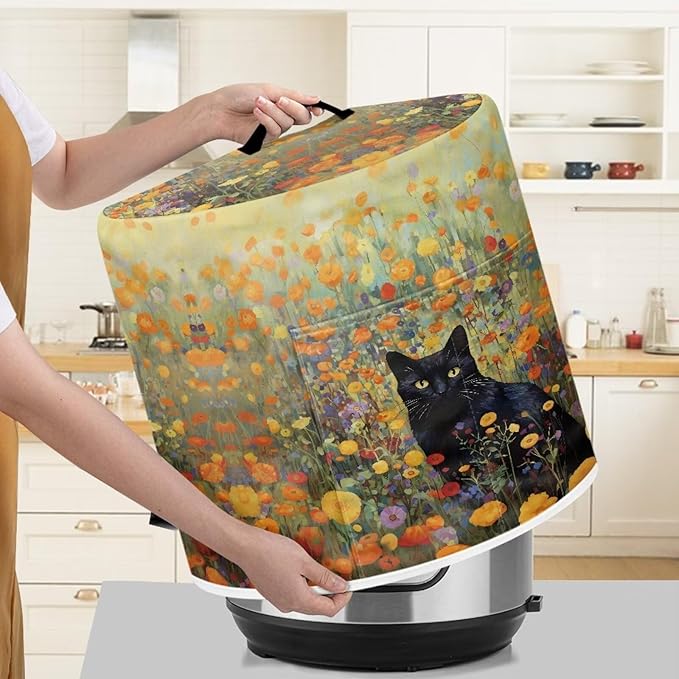Xoenoiee Black Cat Floral Pattern Kitchen Appliance Dust Cover with Pockets, Electric Pressure Cooker & Air Fryer Cover, 8 Qt Pot