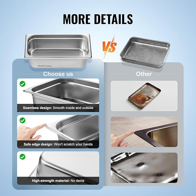 VEVOR 6-Pack Stainless Steel Hotel Pans - 1/3 Size 4-Inch Deep 0.8mm Thick Anti-Jam Commercial Food Pans for Steam Tables, Restaurants, Catering & Industrial Use