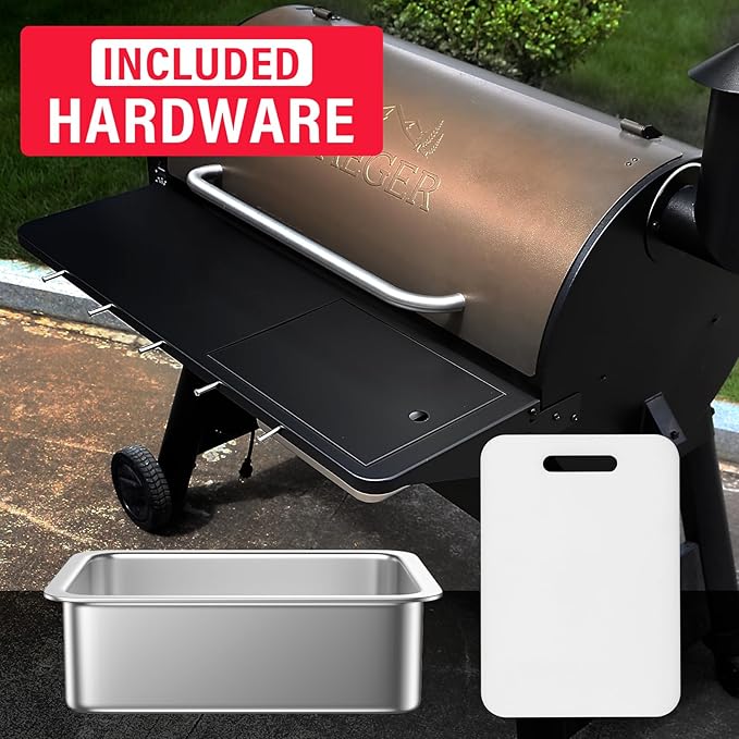 Utheer Upgraded Folding Front Shelf for Traeger Pro 34 Series, Century 885, Texas Elite 34, 37"x12" Heavy-Duty BBQ Prep Table with Cutting Board, Basin, 5 Hooks, 60-LB Load Steel Folding Grill Shelf