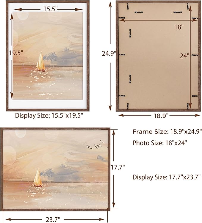 Fun Memories 18x24 Wood Frame, Natural Solid Oak Wood Poster Frame 24 x 18 with Tempered Glass, Wood Picture Frame 18 x 24 for Posters, 18''x24'' Matted Frame for 16x20 Picture, Walnut Color