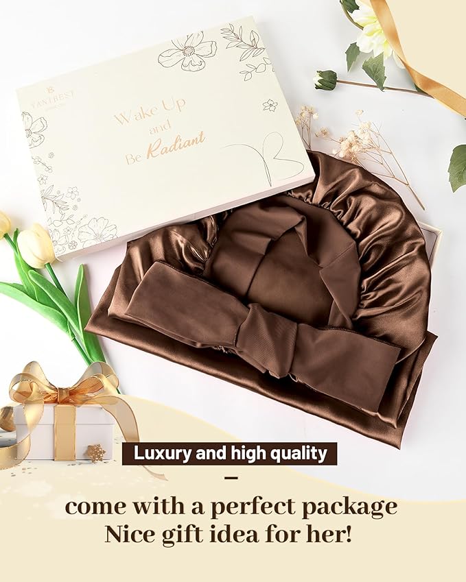 YANIBEST Long Bonnet Satin Bonnet for Sleeping Braid Bonnet with Tie Band Silk Sleep Bonnet for Women Locs Brown