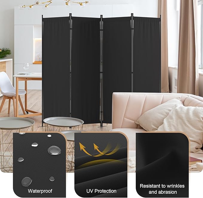 Room Divider 4 Panel Partition Room Dividers & Folding Privacy Screens w/ 3 Metal Feet 6FT Portable Wall Doubles as a Dressing Screen Portable Wall for Office Kitchen Children's Room,Black