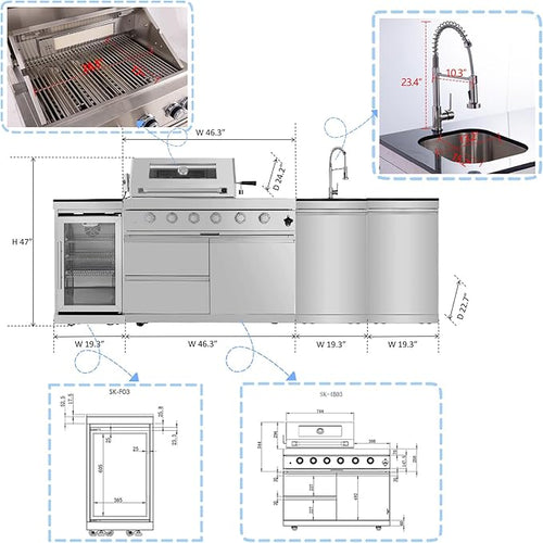 104 Inch Outdoor Kitchen Island, 7200 BTU Gas Grill Combination With Refrigerator and Sink, Outdoor Stainless Steel Barbecue Bar, Natural Gas Barbecue Grill for Patios, Gardens, Parties