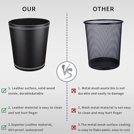 GORESE Pu Leather Trash Can, 2.6 Gallon Black Bathroom Trash Can, Small Office Garbage Can Wastebasket for Bedroom, Kitchen, Round Trash Bin Decorative Under-Sink/Desk/Home Easy to Clean