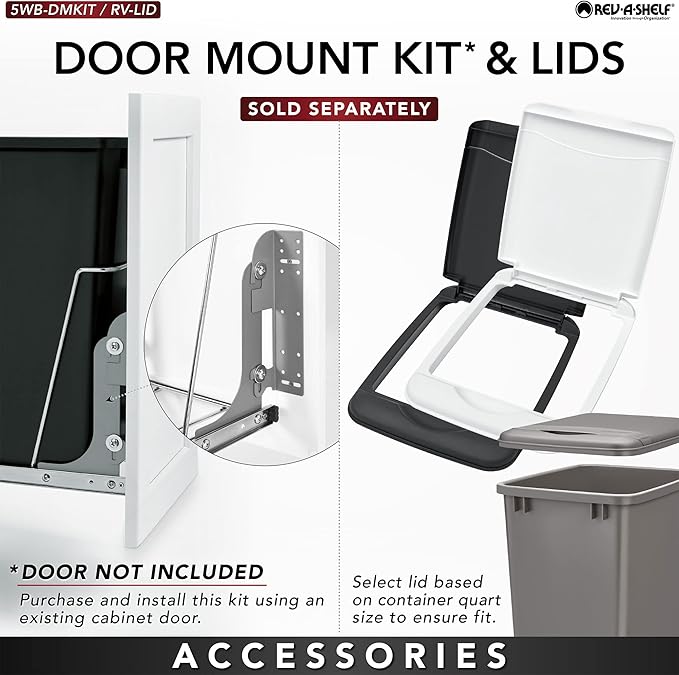 Rev-A-Shelf RV-18KD-11C S Double Pullout Trash Can for Kitchen Cabinets 35 Qt Garbage Recycling Bin on Full-Extension Slides, White