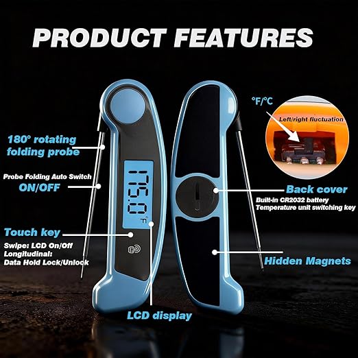 Meat Thermometer Digital Waterproof Instant Read Thermometer for Cooking Food Thermometer with Backlight & ±0.5℃ Precision Cooking Thermometer for Kitchen ℃/℉ Convertible Blue