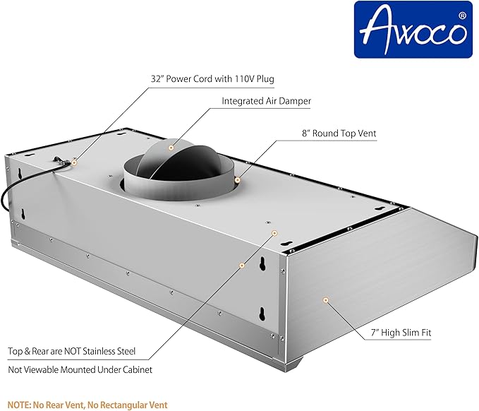 Awoco 30” Supreme 7” High Stainless Steel Under Cabinet Range Hood 4 Speeds, 8” Round Top Vent, 1000CFM 2 LED Lights, Remote Control & External Oil Collector (RH-S10-30S)