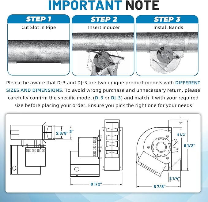 D-3 Inline Chimney Draft Inducer Fan 115V Replaces Tjernlund D-3,D3,for Vertical Vent Systems,All Fuels