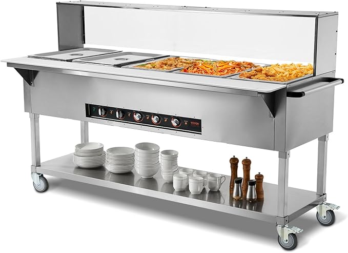 VEVOR 5-Pan Commercial Food Warmer, 5 x 20.6QT Electric Steam Table, 3750W Professional Buffet Catering Food Warmer with Acrylic Sneeze Guard, Food Grade Stainless Steel Server for Party Restaurant