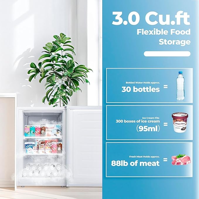 3.0 Cu.ft Small Freezer, Mini Upright Freezer with 7 Adjustable Thermostat, Removable Shelves, Reversible Single Door, for Bedroom/Home/Dorms/Apartment (White)
