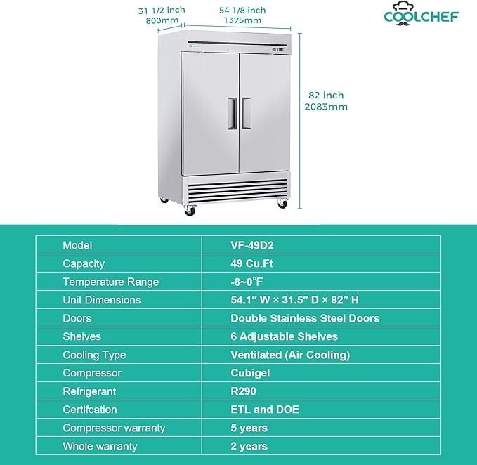 54"Commercial Freezer, 49 Cu.Ft Double Door Stainless Steel Reach-In Freezer, -8~0℉, Air Cooling, 6 Shelves, R290, ETL