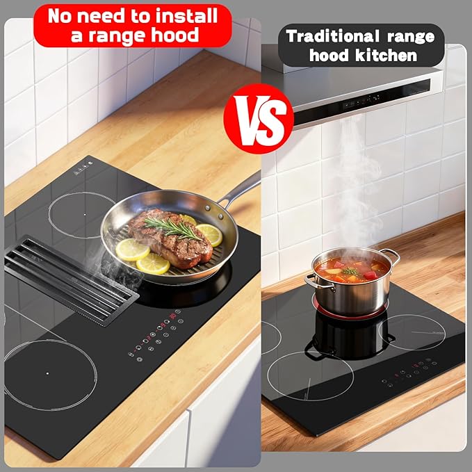 Karinear 30 Inch Downdraft Electric Cooktop with Ventilation System, 4 Burner 7400W Ceramic Glass Stove Top, BBQ Bridge Element & Dual Ring Burner, 9-Speed Fan, Timer, Child Lock, 240V(Ductless Mode)
