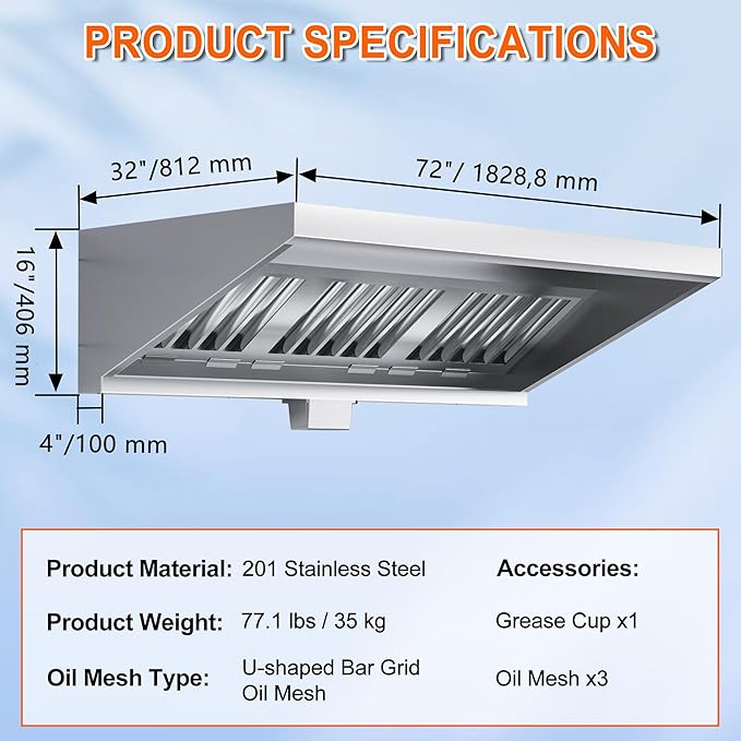 6FT Commercial Kitchen Exhaust Hood Food Truck Vent Hood Durable Stainless Steel Concession Trailer Hood with 3 Removable Hood Filters (No Motor), NSF Listed