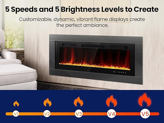 Electric Fireplace 50 Inch Wall Mount Insert Fireplaces Realsmart 1500W,Fit for 2 X 6 stub,Ultra-Thin Heater Ultra-Thin with 3 Heating Modes Timer 12 Adjustable Flame Colors Touch Remote Control