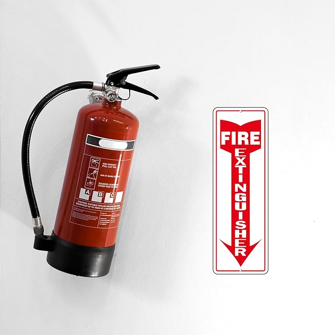 Fire Extinguisher Sign, (4 Pack) Self Adhesive Fire Extinguisher Sticker Signs for Indoor Outdoor, Rust Free Reflective Aluminum Metal Signs for Wall and Door (12 x 4 inches, White/Red)