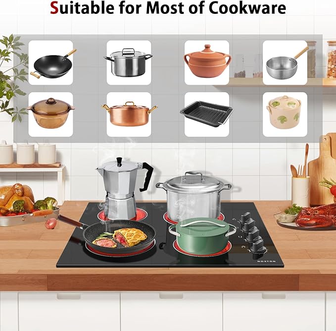 Noxton 24 Inch Electric Cooktop 4 Burners Electric Stove Top, Built-in 24" Radiant Ceramic Cooktop with Knob Control, Hot Surface Indicator, 220-240v,6000W, No Plug, Hard Wire