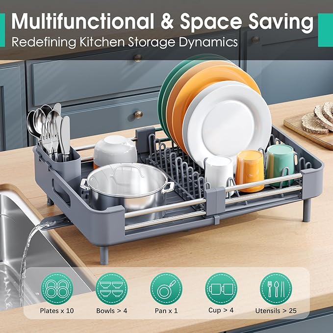 TOOLF Dish Drying Rack with Drainboard, Extendable Dish Rack for Kitchen Counter, Expandable Dish Drainer, Dish Strainer, Foldable Home Countertop Plate Storage Rack with Cutlery Holder, Gray