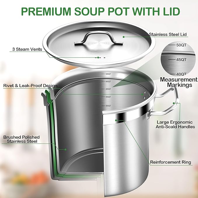 Commercial Grade Large Stock Pot - Soup Pot with Lid - Non-Nickel Stainless Steel - Healthy Cookware Polished Stockpots - Heavy Duty - 50 Quart (12.5Gallon)