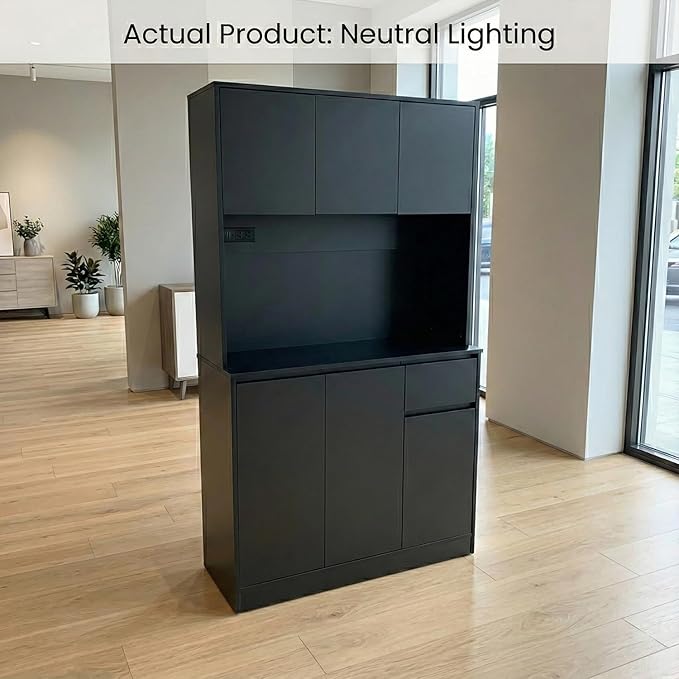 71" Tall Black Kitchen Pantry Cabinet with 6 Doors & Power Outlet, Freestanding Storage Hutch with Countertop, Adjustable Shelves for Dining Room, Laundry Room