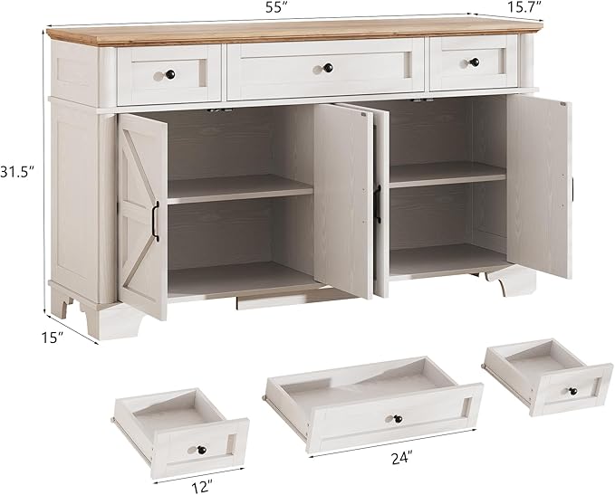 Farmhouse Buffet Cabinet with Storage, 55 Inch White Sideboard Buffet Cabinet with Adjustable Shelves & 3 Drawers, Buffet Table Coffee Bar Wine Bar Storage for Kitchen & Living Room