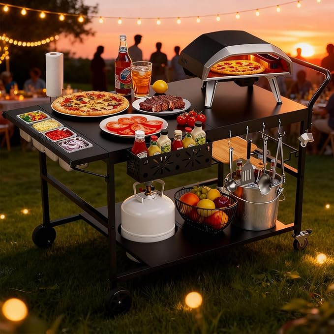Pizza Oven Stand Table with Propane Storage, Outdoor Grill Carts with Wheels, Use for Outdoor Cooking BBQ, Fits Blackstone Griddle, Metal Black Large Size 47 * 27.5 Inch.
