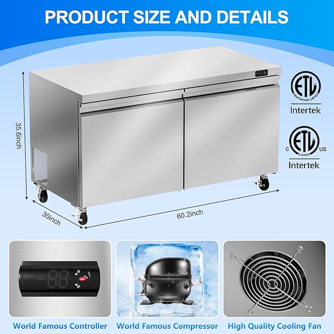 60" W Commercial Undercounter Freezer, 14.1 Cu.ft 2 Door Worktop Under Counter Freezer, Stainless Steel Commercial Kitchen Freezing Equipment for Restaurant, Bar, Shop, etc.