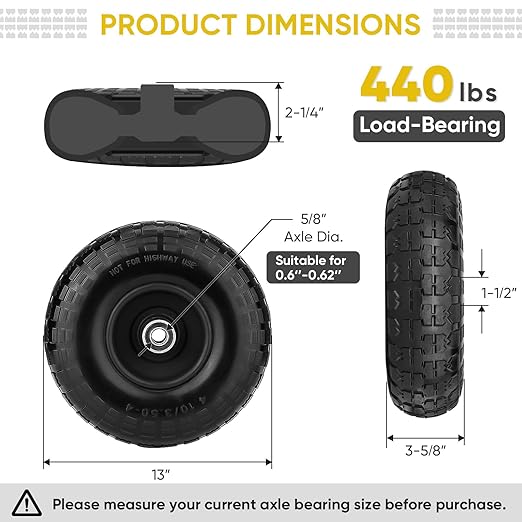 TICONN 4.00-6 Tire and Wheel Flat Free, 2 Pack 13" Solid Tires with 5/8" Axle Bore Hole and Double Sealed Bearings, Perfect for Wheelbarrow, Garden Cart, Wagon, Dolly (Black, 2PK)