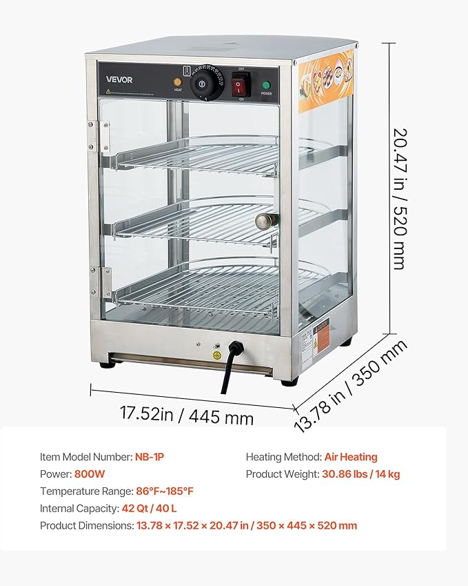 VEVOR 3-Tier Commercial Food Warmer Display, 800W Food Display Warmer with LED Light, Adjustable Shelf and Stainless Steel Frame, 86℉~185℉ Air Heating, 60L for Hamburger, Pizza, Bread, Fried Chicken