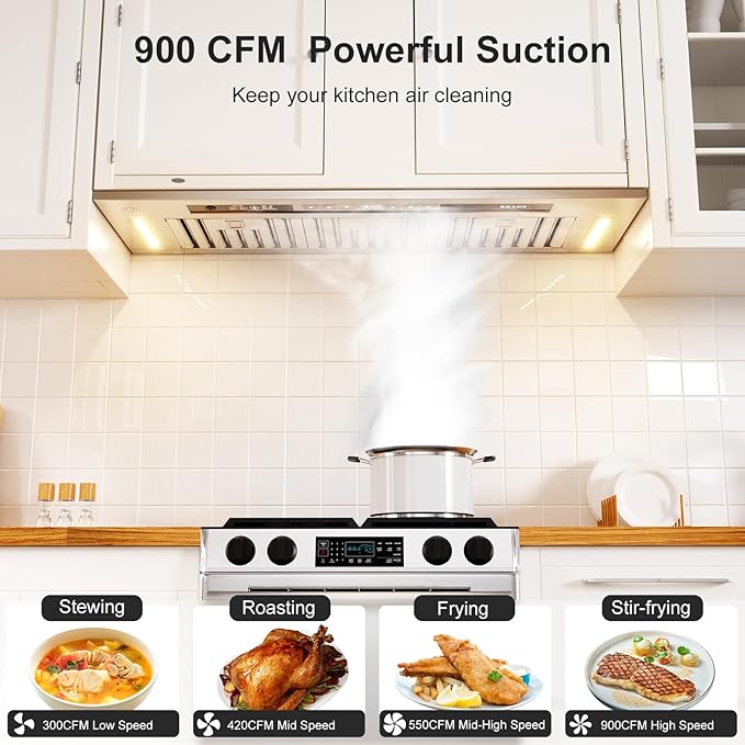 BRANO Range Hood Insert 36 Inch, 900 CFM Smart Voice/Gesture/Touch Control, 4 Speed Exhaust Fan, Stainless Steel Kitchen Hood with Charcoal Filter, Ducted/Ductless Convertible