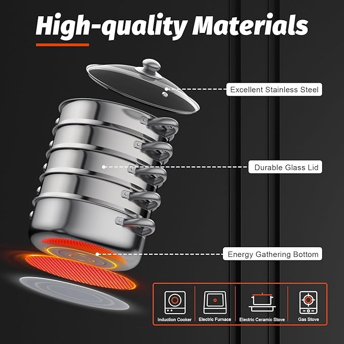 Stainless Steel Steamer Pot, 11.8-Inch Steamer for Cooking, 5-Tier Food Steam Pots with Lid for Cooking Vegetables, Seafood, Soups, Stews, Dumplings and Pasta
