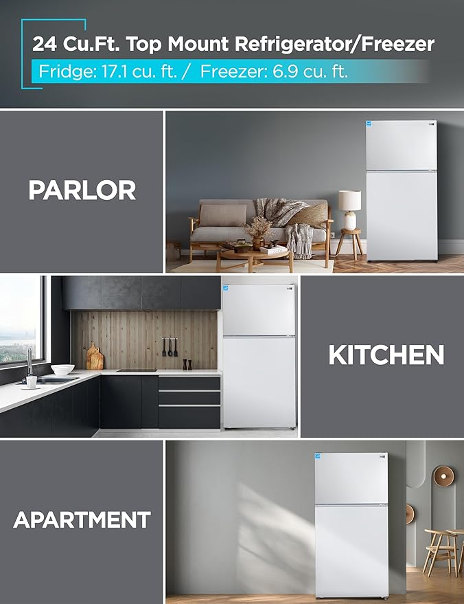 BLACK+DECKER 24 Cu. Ft. Top Mount Refrigerator with Freezer, 2 Door Fridge with Top Freezer and Adjustable Temperature Control, Full Size Kitchen Refrigerator, ENERGY STAR, BR2400JW, White