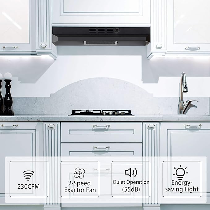 SNDOAS Range Hood 30 inch Under Cabinet, Ducted/Ductless Convertible Kitchen Hood, Stainless Steel Vent Hood with LED Light,Under Cabinet Hood with 2 Speed Exhaust Fan,Black