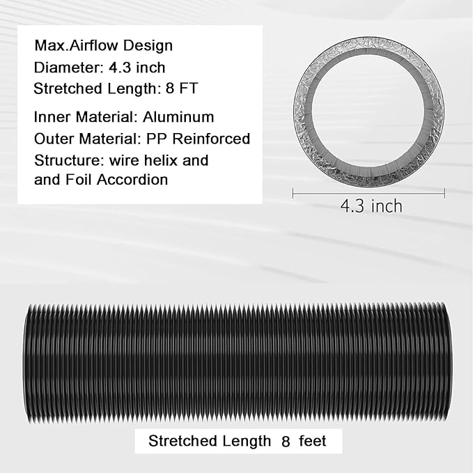 Reinforced Dryer Vent Hose 4 inch 8 FT with 2 Key Hose Clamps, Heavy Duty Flexible Duct Hose for Laundry, Grow Tent, Bathroom Exhaust Fan